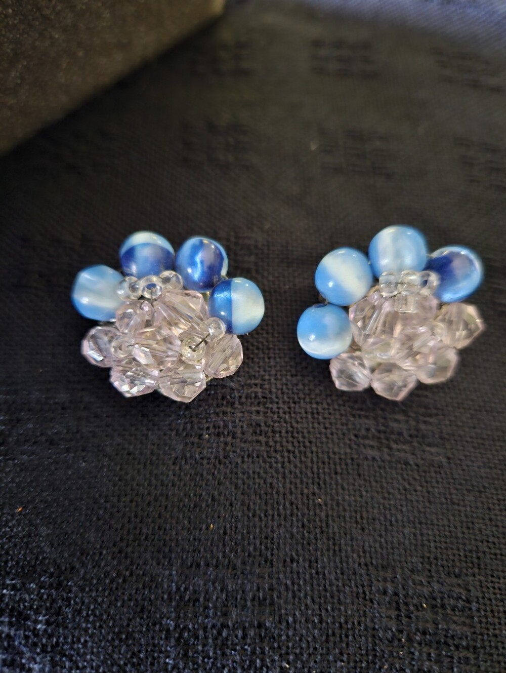 Vintage Blue And Crystal Clip-on Bead Cluster Flower Earrings - Women Jewelry